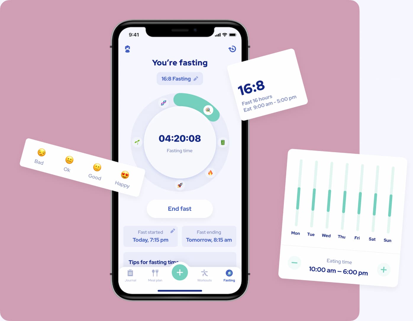 Fasting screen shows active fast, body statuses icons, and tips