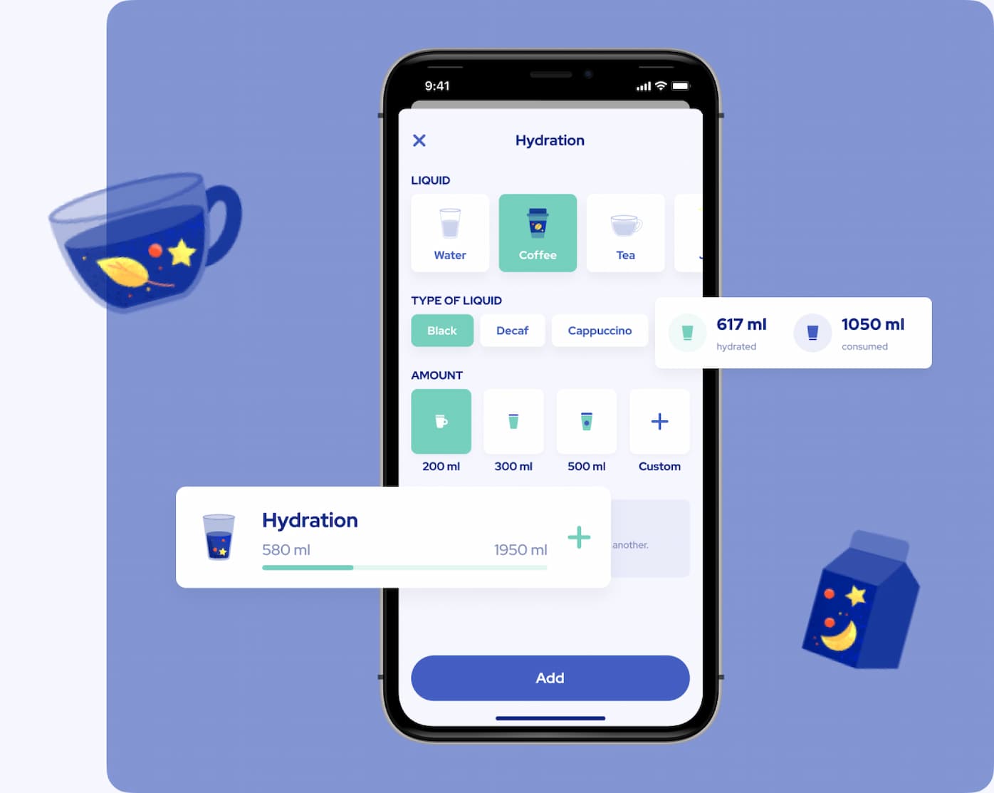 Hydration tracker screen shows different liquids and liquid types