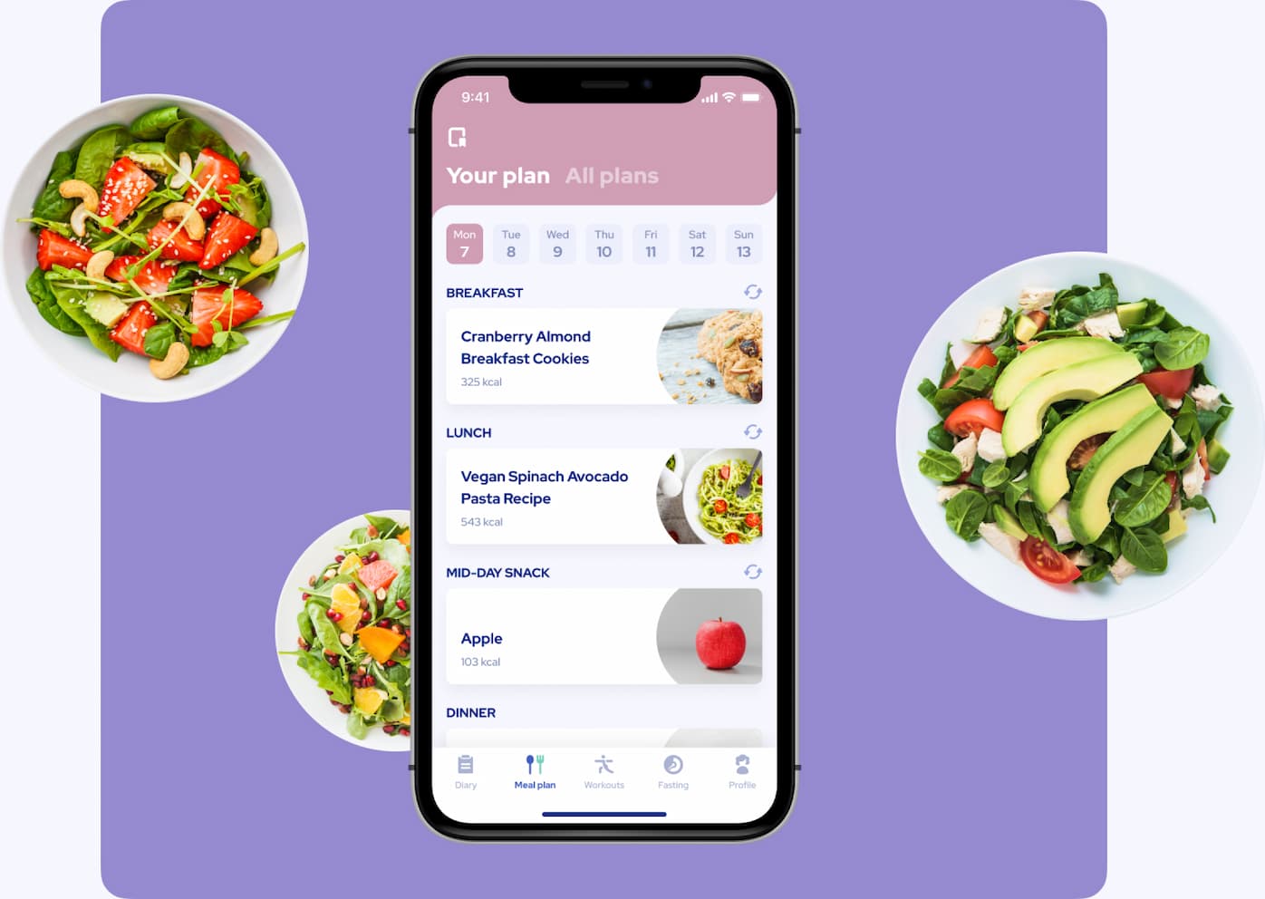 Meal planner screen shows recipes for chosen meal intakes