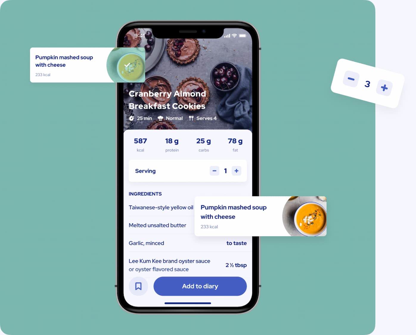 Recipe screen shows a list of ingredients and meal macros information